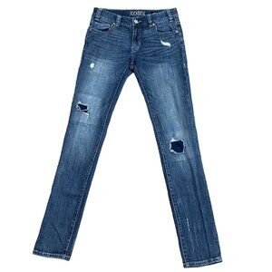 ROCK & ROLL COWGIRL JEANS SIZE 26 X 34 BOYFRIEND SKINNY PATCHED MID RISE BLUE